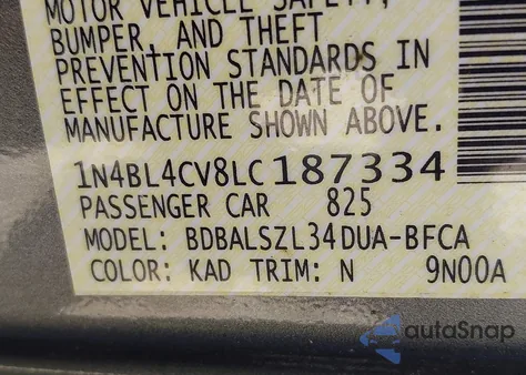 2020 Nissan Altima Sr Fwd from USA, damaged, VIN 1N4BL4CV8LC187334